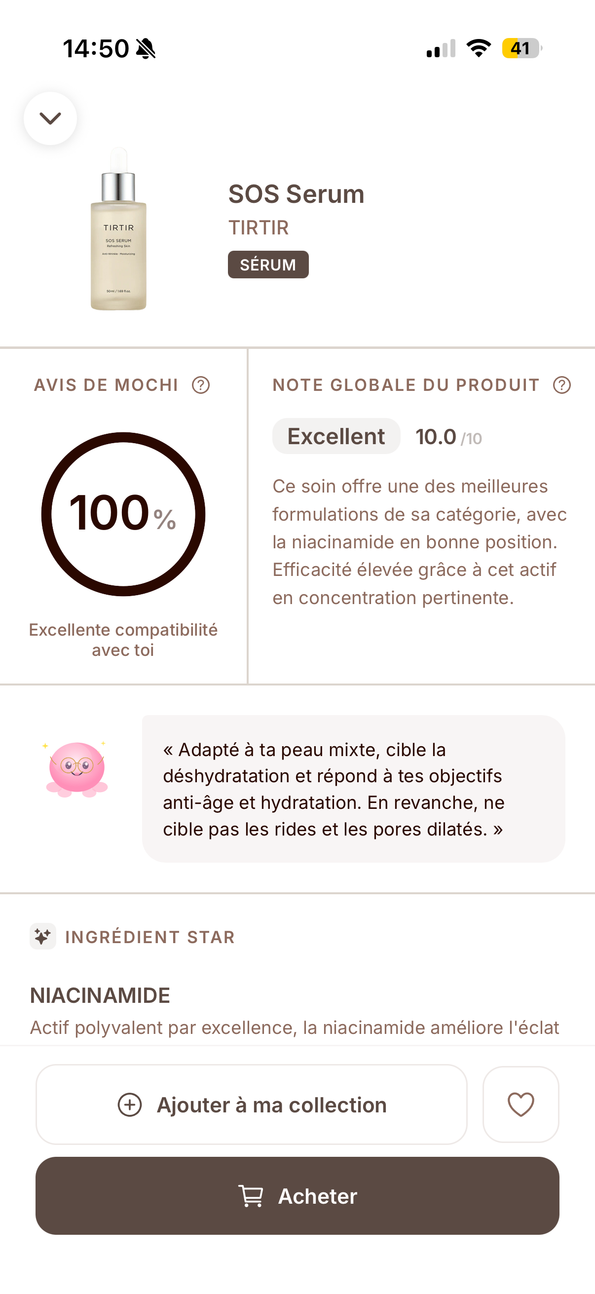 Analyse produit Mochi Skin avec score 100% de compatibilité